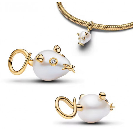 Charm pour bracelet souris or perle blanche
