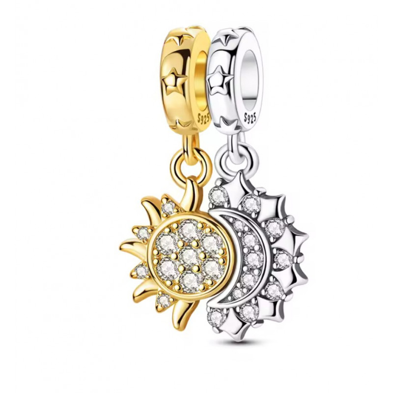 Charm pour bracelet soleil couleur doré lune argent strass 2 pièces