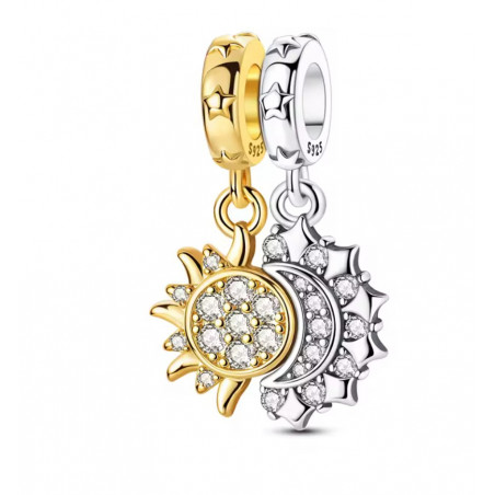 Charm pour bracelet soleil couleur doré lune argent strass 2 pièces