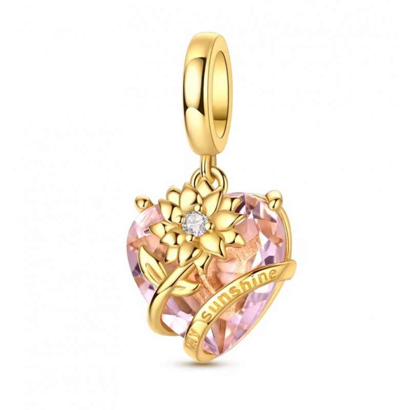 Charm pour bracelet coeur rose fleur enroulée or