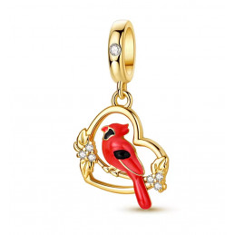 Charm bijou pour bracelet oiseau rouge sur branche coeur or