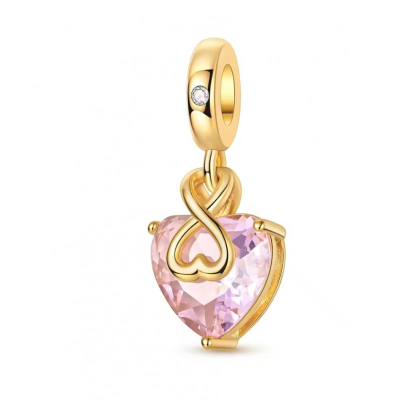 Charm bijou pour bracelet coeur pierre rose infini or