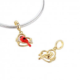 Charm bijou pour bracelet oiseau rouge sur branche coeur couleur doré