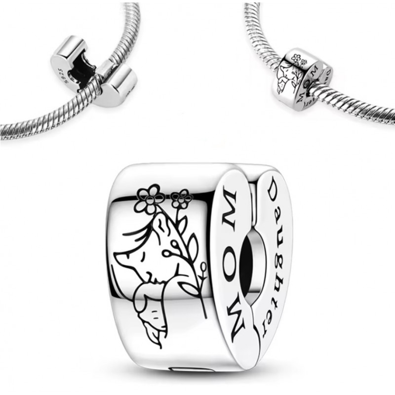 Charm pour bracelet clip coeur maman bébé fleur