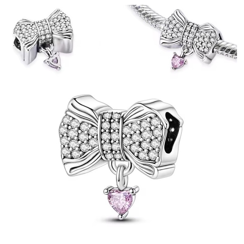 Charm pour bracelet noeud strass coeur rose