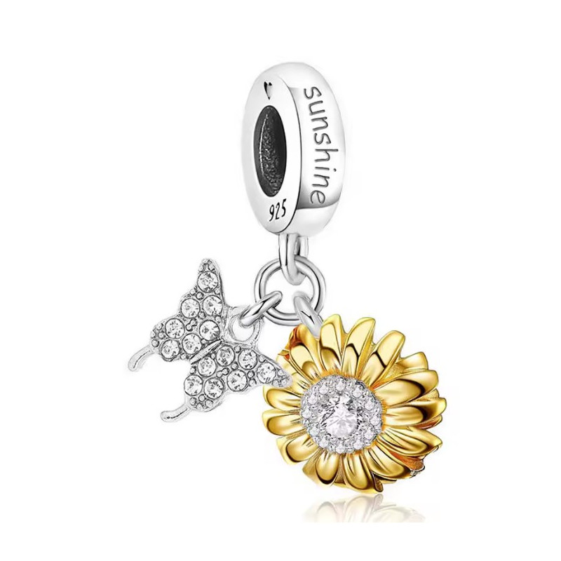 Charm pour bracelet argent fleur tournesol jaune plume