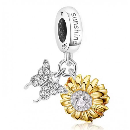 Charm pour bracelet argent fleur tournesol jaune plume