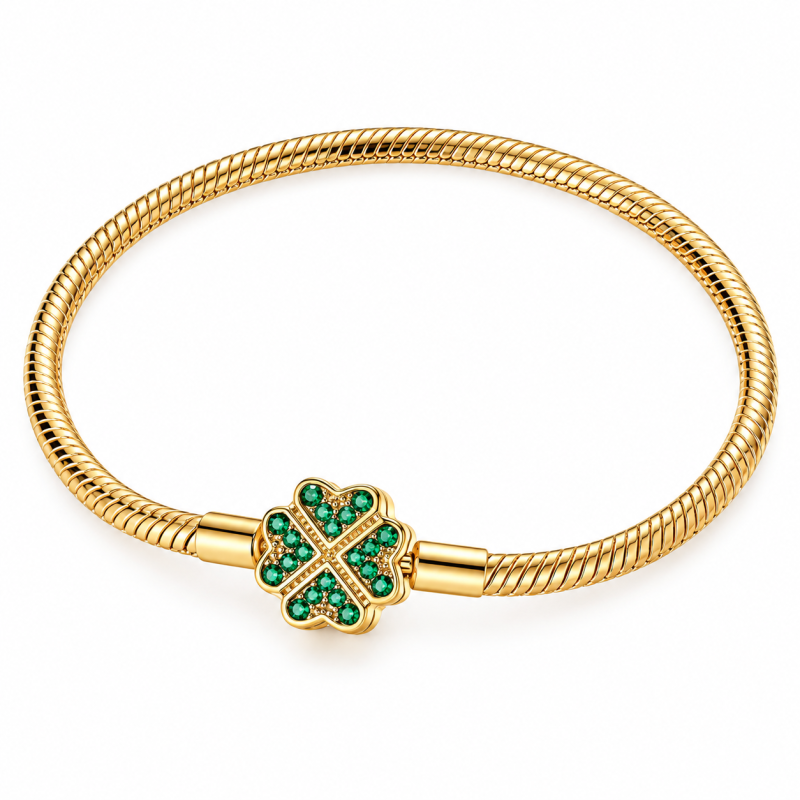 bracelet pour charm doré trèfle pierre verte porte bonheur