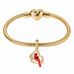Charm bijou pour bracelet oiseau rouge sur branche coeur doré