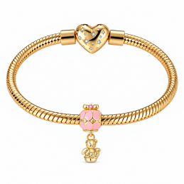Charm bijou pour bracelet ours sur montgolfière doré rose