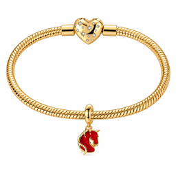 Charm pour bracelet cheval doré sur fond rouge équitation