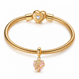Charm pour bracelet coeur rose fleur enroulée doré