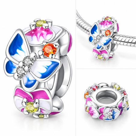 Charm pour bracelet bloqueur papillon bleu fleur rose