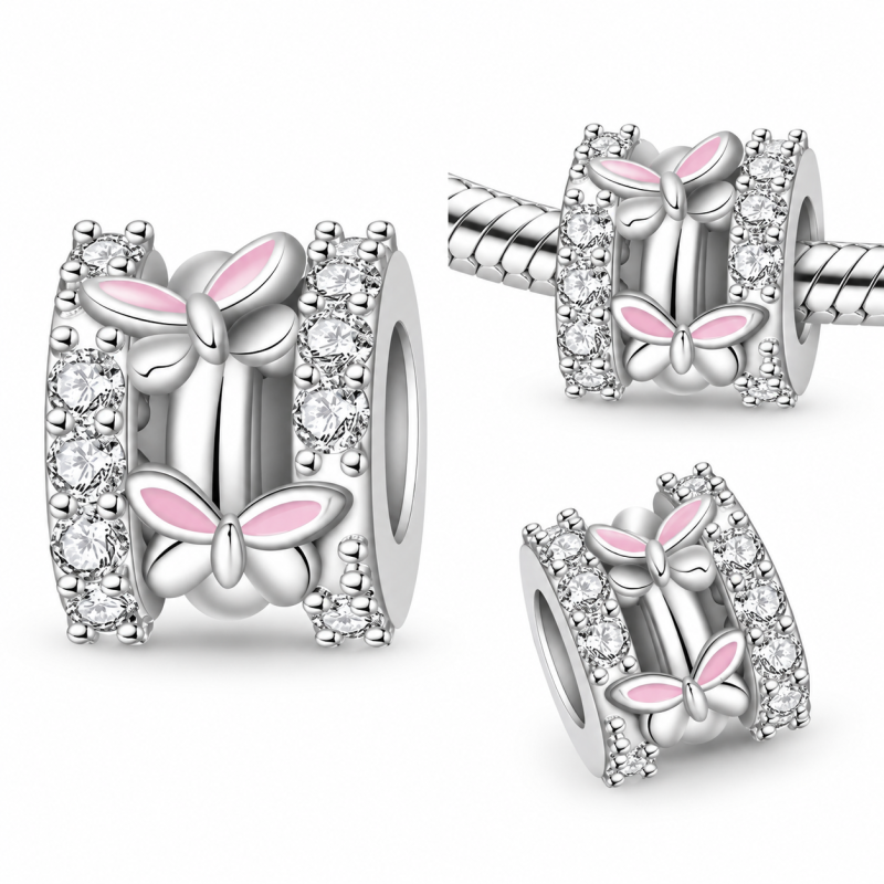 Charm pour bracelet séparateur bloqueur papillons rose cercle pierre