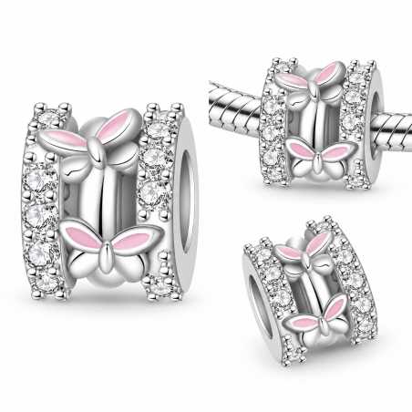 Charm pour bracelet séparateur bloqueur papillons rose cercle pierre
