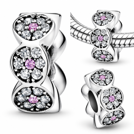 Charm pour bracelet argent séparateur pierre blanche rose entrelacée