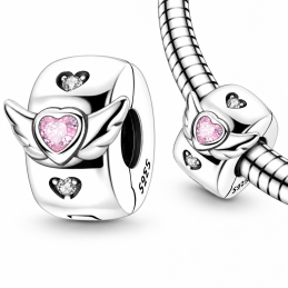 Charm pour bracelet clip coeur rose aile d'ange