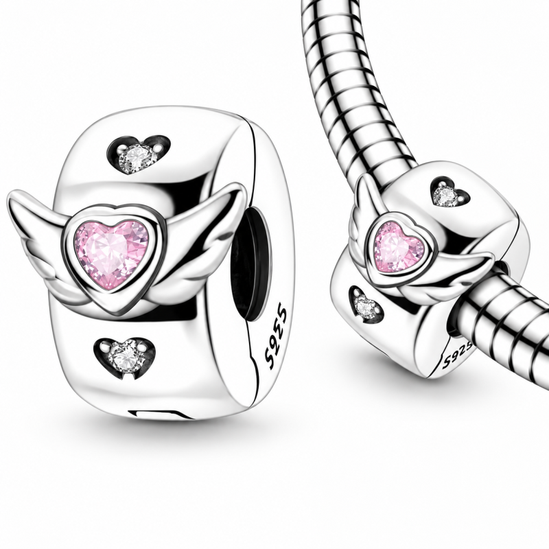 Charm pour bracelet clip coeur rose aile d'ange