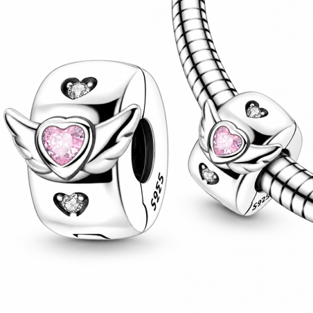 Charm pour bracelet clip coeur rose aile d'ange