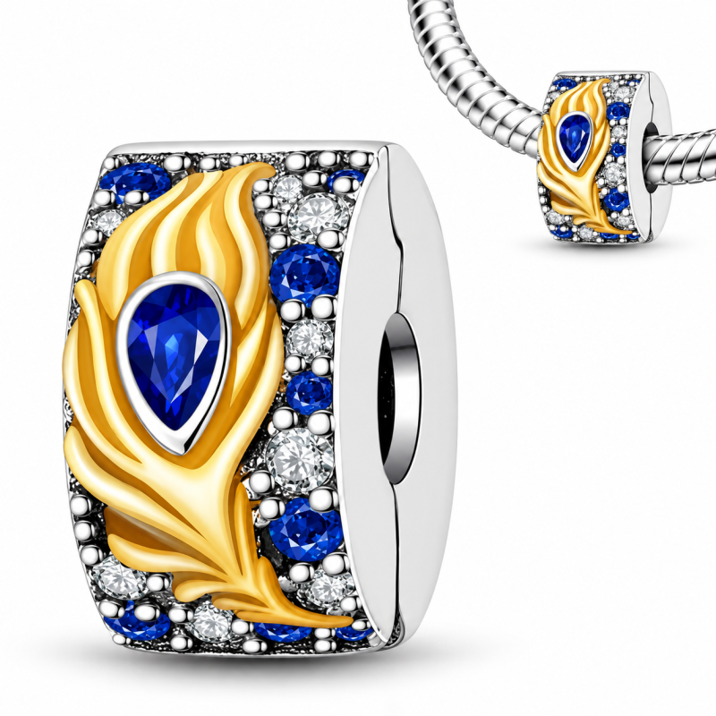 Charm pour bracelet clip plume or pierre bleue