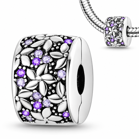 Charm pour bracelet clip bloqueur fleur pierre violette