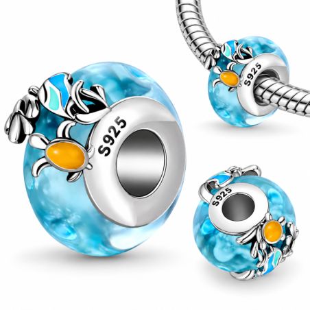 Charm pour bracelet murano bleu poisson tortue mer