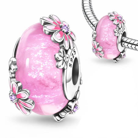 charm pour bracelet murano grande et petite fleur rose