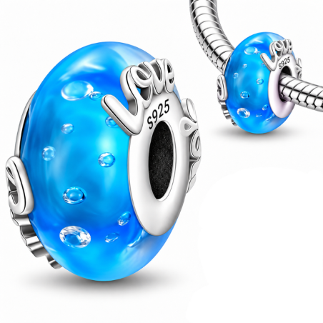 Charm pour bracelet murano verre bleu love