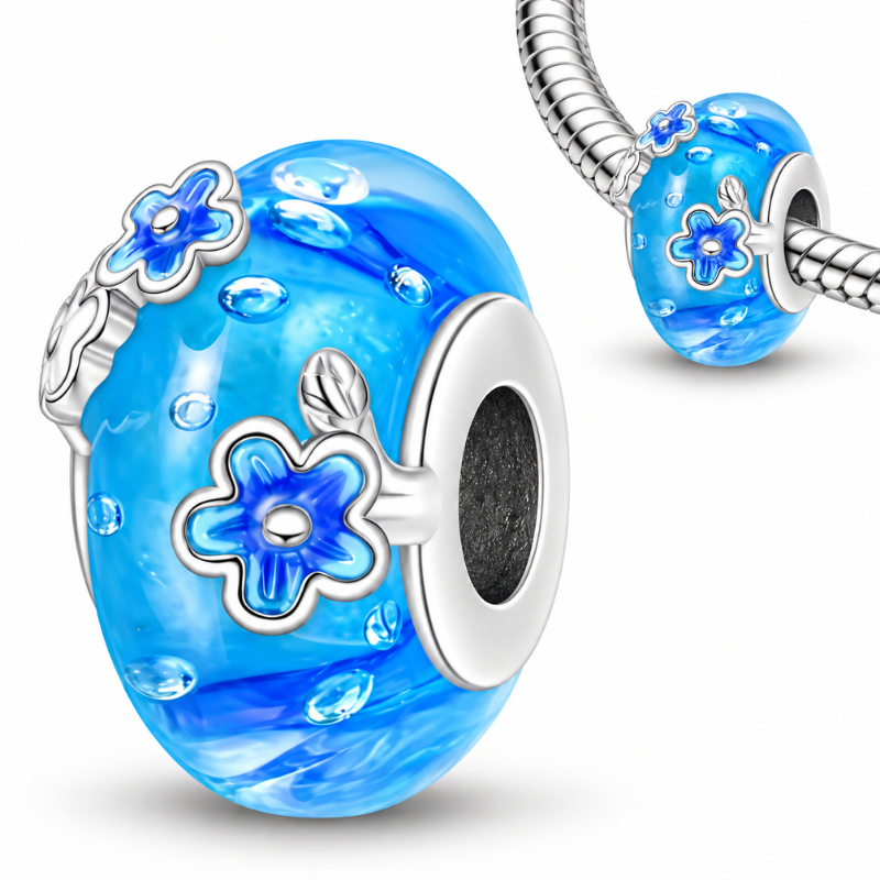 Charm pour bracelet murano fleur bleue