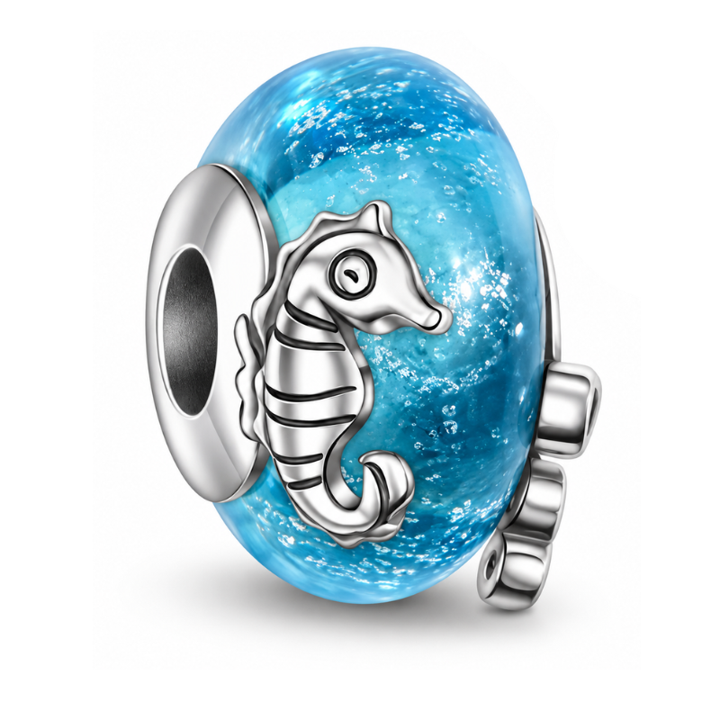 Charm pour bracelet murano bleu hippocampe mer