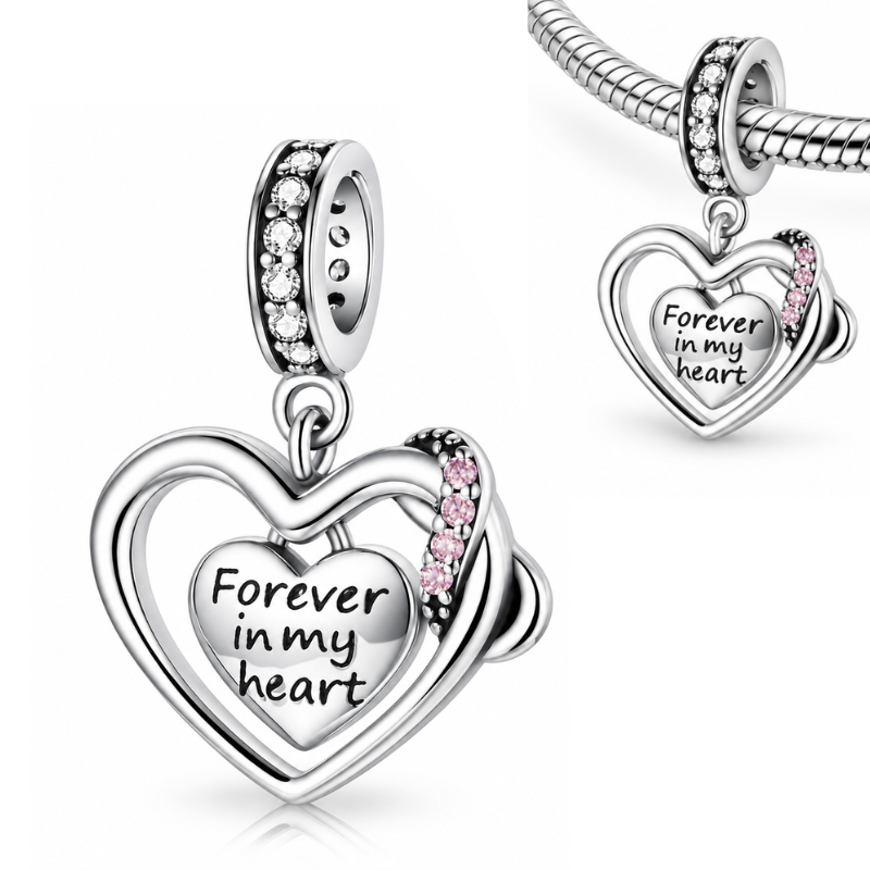 Charm pour bracelet coeur toujours dans mon coeur infini pierre rose