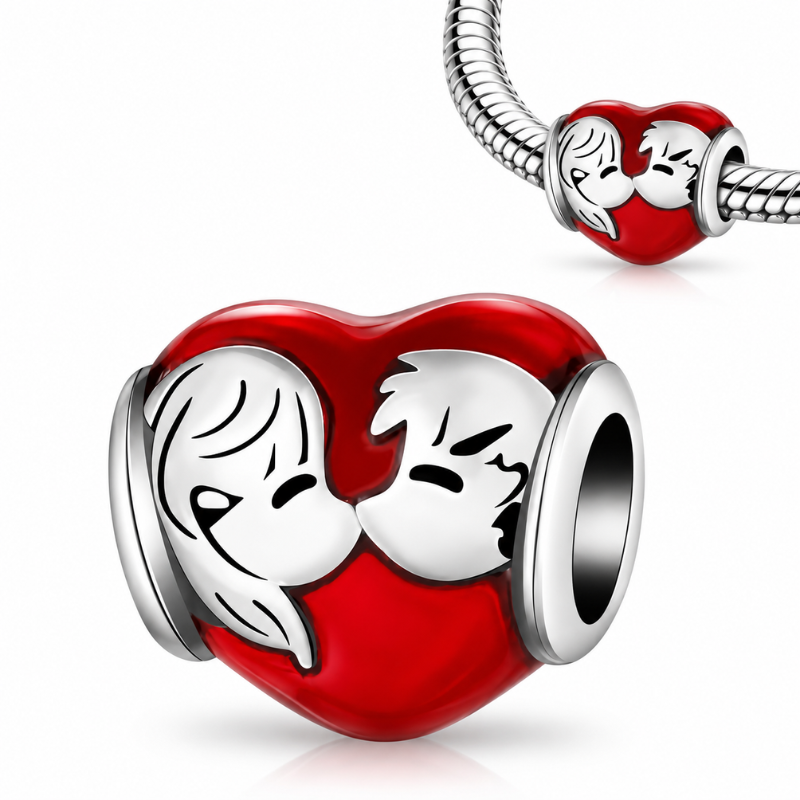 Charm pour bracelet coeur rouge intense couple bisous