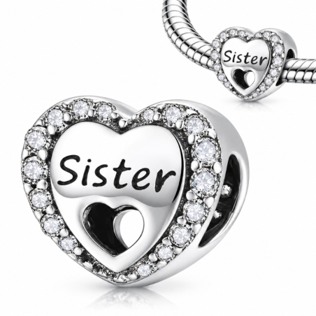 Charm pour bracelet coeur sister soeur strass
