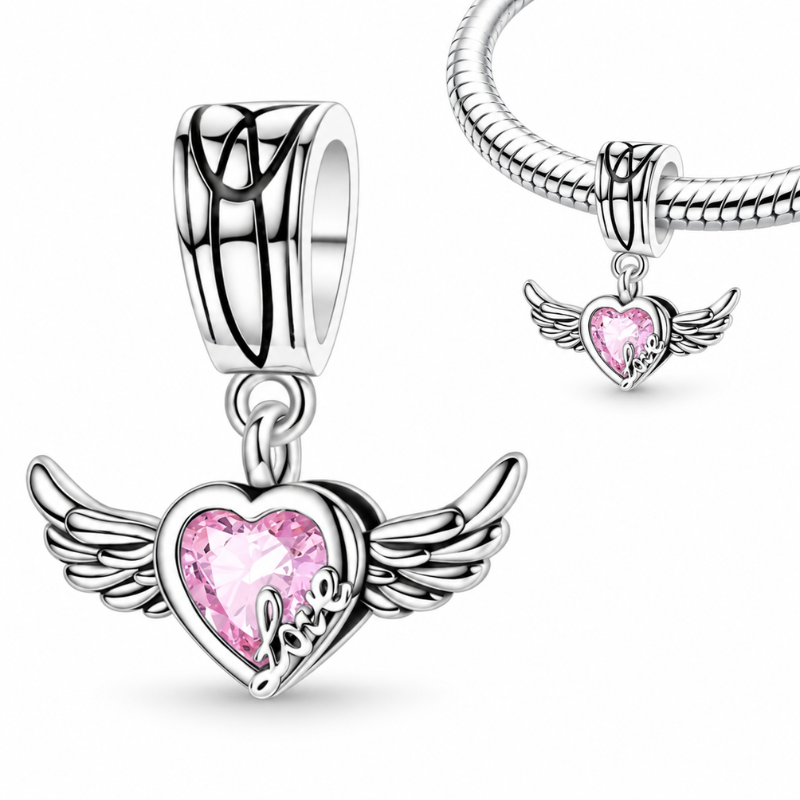 Charm pour bracelet coeur rose aile d'ange love