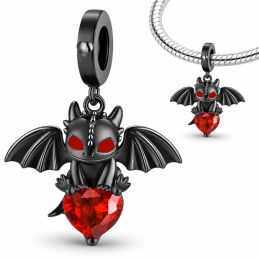 Charm pour bracelet dragon noir assis sur coeur rouge