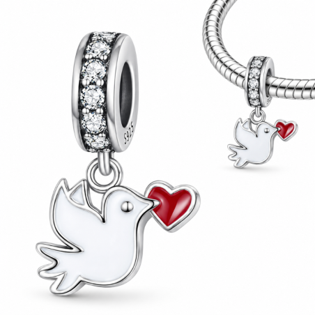 Charm pour bracelet oiseau coeur dans le bec