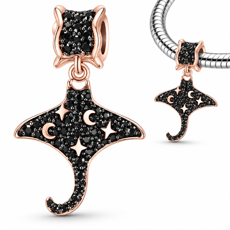 Charm pour bracelet raie manta noir or rose étoile lune