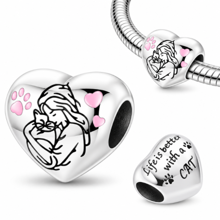 Charm pour bracelet argent coeur j'aime mon chat