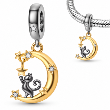 Charm pour bracelet chat noir attrape les étoiles lune