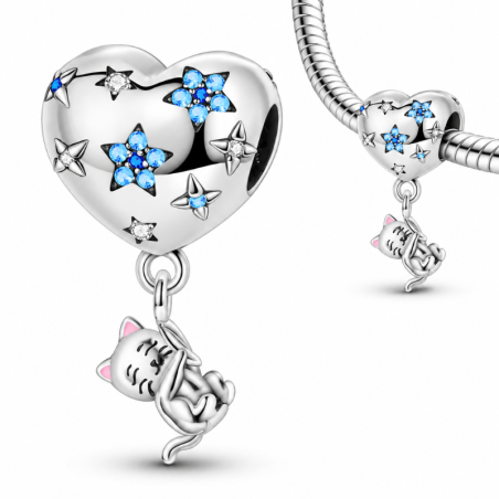 Charm pour bracelet chat accroché au coeur étoile