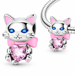 Charm pour bracelet chat yeux bleu noeud rose coeur