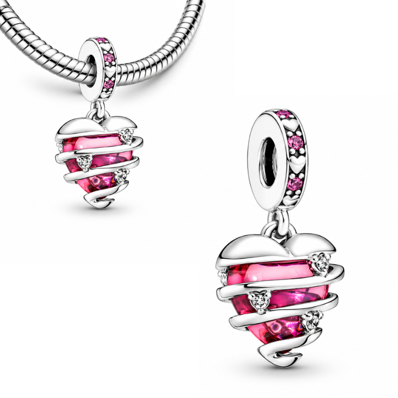 Charm pour bracelet coeur rose spirale strass