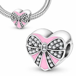Charm pour bracelet Cœur Rose avec Nœud et Strass
