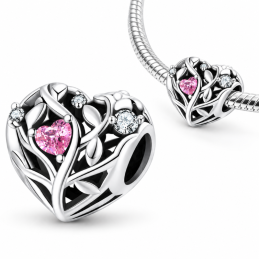 Charm pour bracelet cœur ajouré feuilles et pierre rose