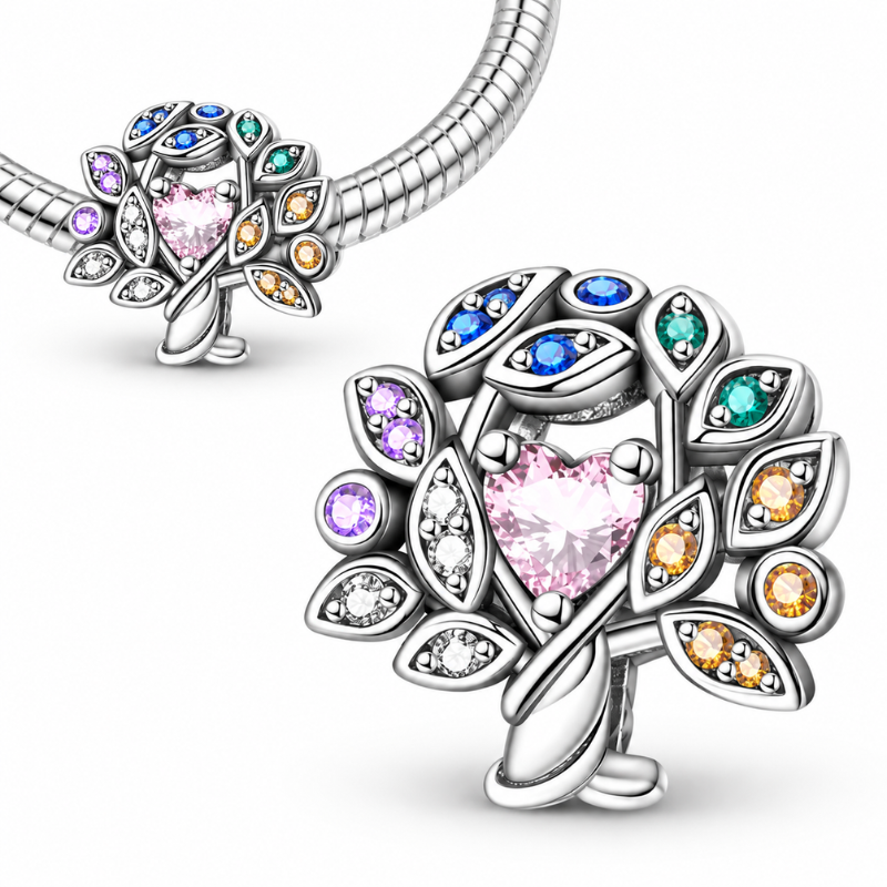 Charm pour bracelet Arbre de Vie Cœur Rose et Pierres Multicolores