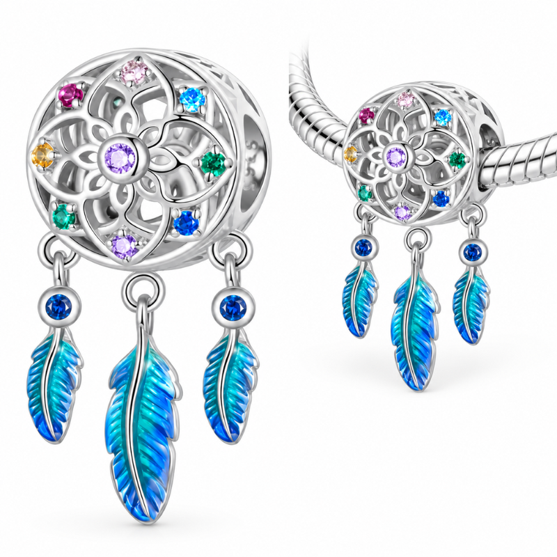 Charm pour bracelet attrape rêve plume bleue