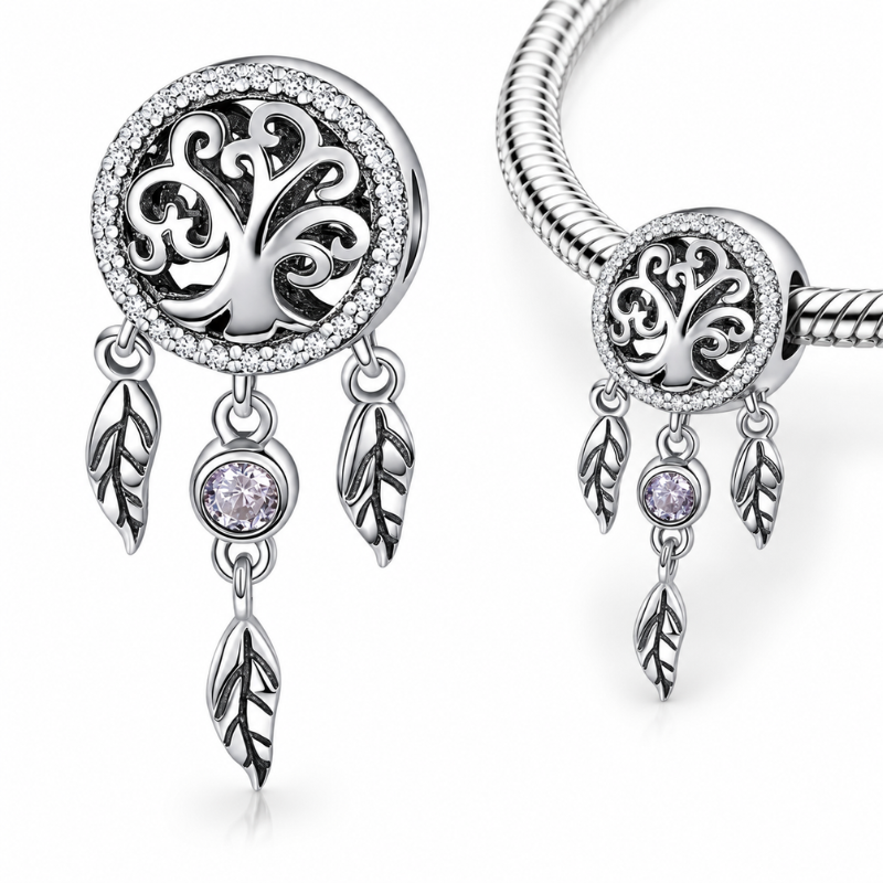 Charm pour bracelet arbre attrape rêve plume pierre violette