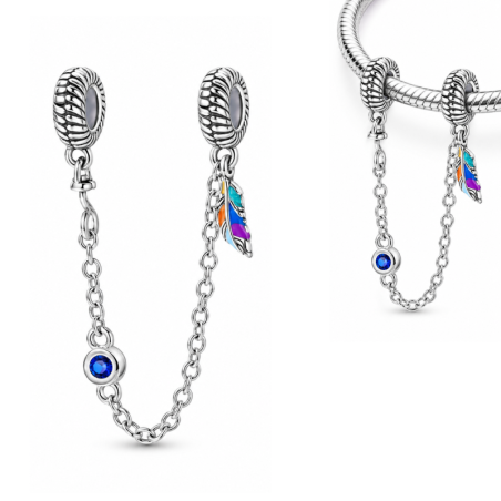 Charm double avec chaine de sécurité plume colorée