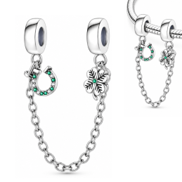 Charm double avec chaine de sécurité porte bonheur trèfle