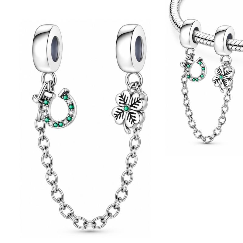 Charm double avec chaine de sécurité porte bonheur trèfle